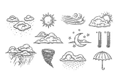 Sketch weather icons. Hand drawn rain&2C; storm and snow. Clear sun and m