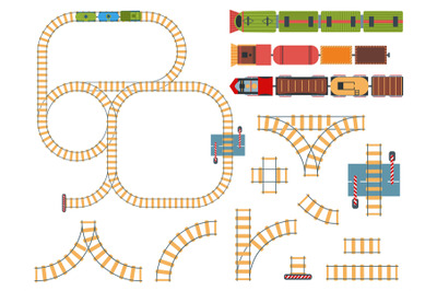 Top view railways. Tracks construction with toy trains above. Circle a