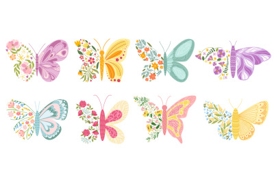 Floral butterflies. Summer butterfly with colorful flowers in wing sha