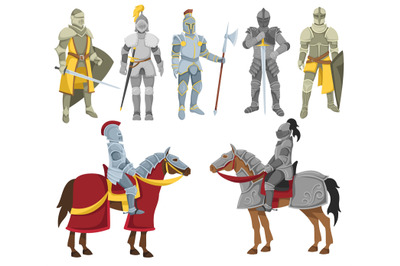 Cartoon knights. Cavalry knight in battle armor, medieval warriors hol