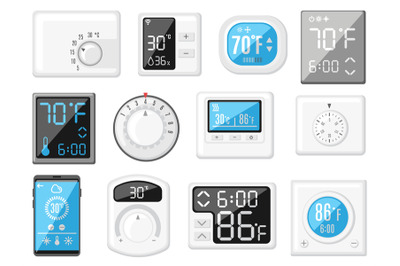 Cartoon thermostat. Smart home heating and cooling controller, thermom