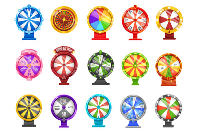 Fortune wheels. Lucky chance roulette wheel, spin to win circles and c