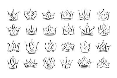 Calligraphic crowns. Hand drawn royal queen tiara, majestic king crown