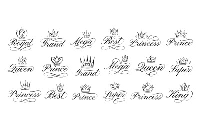 Calligraphic crowns. Hand drawn royal queen tiara, majestic king crown