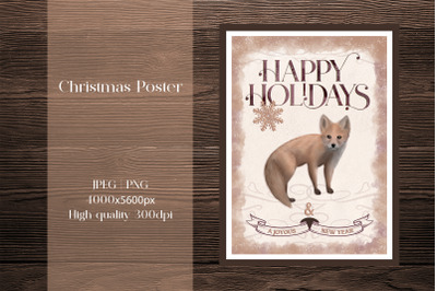 Vintage Christmas fox poster jpeg, png, Sublimation design