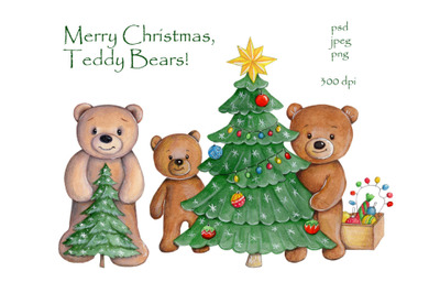Merry Christmas Teddy Bears! WATERCOLOR.