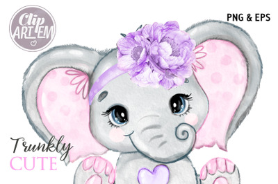 Purple Pink Girl Elephant with Flower Headband Clip Art Vector  file