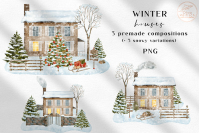 Winter House Clipart. Christmas Farmhouse Compositions PNG