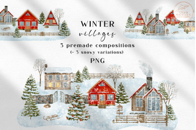 Christmas Village Clipart. Winter Snowy House Illustrations PNG