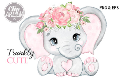 Floral Biush Girl Elephant  Flowers Watercolor PNG Vector