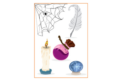 halloween elements with spider web candle with magic ball with potion