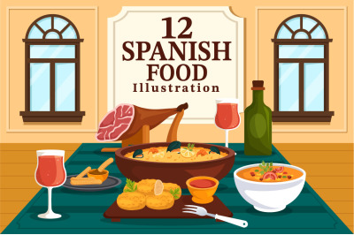 12 Spanish Food Cuisine Illustration