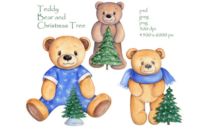 Cute adorable Teddy Bears and New Year Tree.