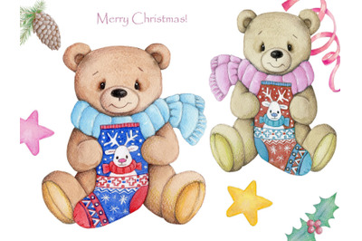 Merry Christmas! Cute Teddy bears. Watercolor.