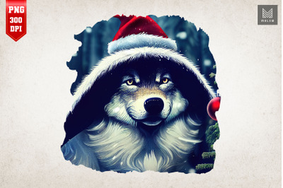 Smiling Wolf with Santa Hat Christmas