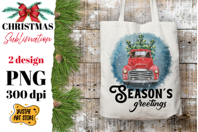 Season&amp;&23;039;s greetings. Truck and Christmas tree sublimation PNG