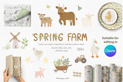 SPRING FARM animals clipart, pattern