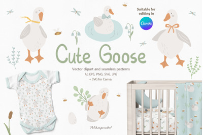 Cute Goose clipart &amp; pattern for kid