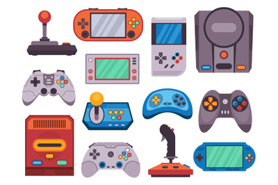 Video game devices. Old retro joystick gamepad flat icons, cartoon hip