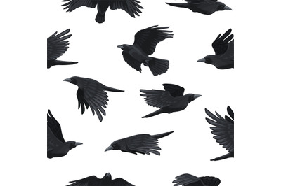 Crow pattern. Seamless print of black flying ravens&2C; rook silhouette b