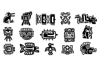 Mexican gods symbols. Abstract aztec animal bird totem idols, ancient