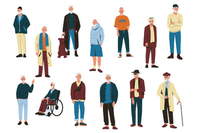 Old men. Elderly male characters in modern cartoon style, active happy