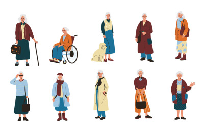 Senior women. Old mature female characters cartoon style, elderly gran