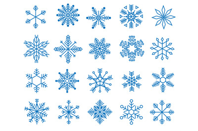 Doodle snowflakes. Variations of winter blue symmetrical snow flakes,