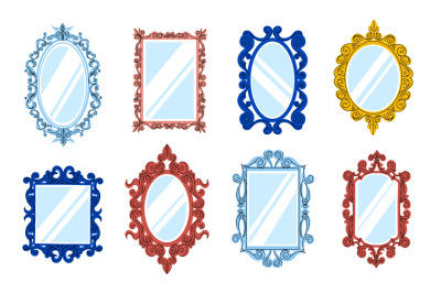 Cartoon decorative mirror. Vintage lace shiny frames with reflections