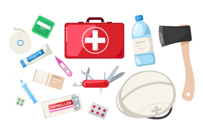 Emergency kit. Cartoon survival evacuation equipment with medical pill