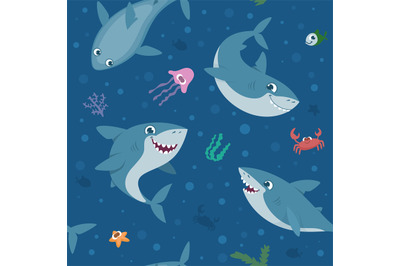 Shark pattern. Wild cartoon underwater swimming animals exact vector s