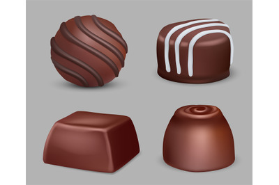 Chocolate candies. Delicious dessert various geometrical sweets with j