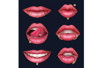 Lips piercing. Tongue metallic decoration lips geometric chrome jewele