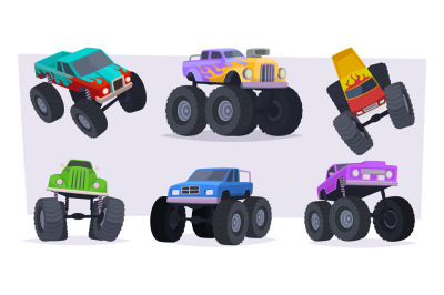 Monster truck. Aggressive style vehicles with big wheels cartoon trans