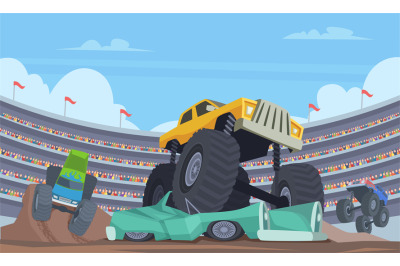 Jumping monster truck. Sport car with big wheels on arena aggressive a