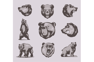 Wild grizzly. Black illustrations of animals bear in action poses exac