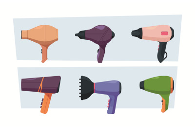 Hairdryer set. Beauty salon and barbershop colored items plastic elect