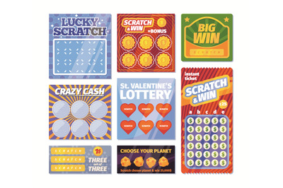 Lottery tickets. Scratching printing lottery winning royal cards with