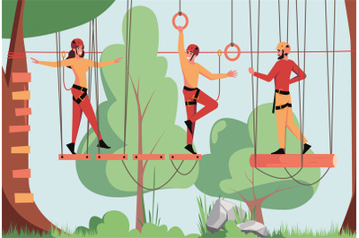 Forest rope games. Attraction for kids climbing characters on walking