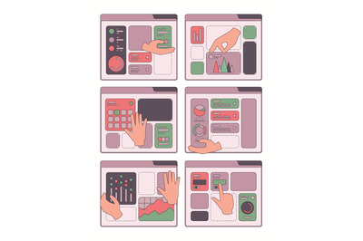 Hands moving interface. Ui frames and buttons customizing design inter