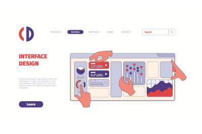 Interface designing landing. Ui building processes hand holding and mo