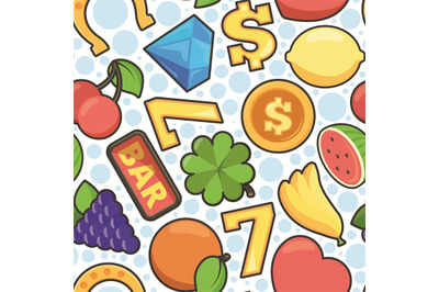Casino pattern. Slot machine icons 777 heart fruits coins lucky symbol
