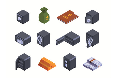 Money vault. Isometric safe deposit for treasures secure steel contain