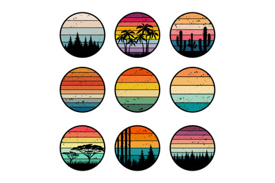 Sunset retro badges. 90s vintage stylized colored gradients templates