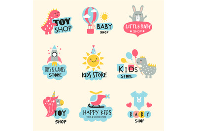 Baby store. Kids shop labels collection clothes and toys for children