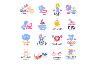 Kids logo. Baby store with toys clothes shoes recent vector cartoon ba