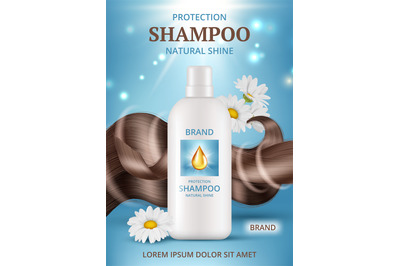 Hair shampoo poster. Ads placard with curly lush hair and bottles pack