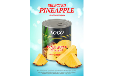 Pineapple poster. Ads placard with exotic tropical fruit canned pineap