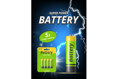 Battery ads poster. Advertising placard with alkaline battery pictures