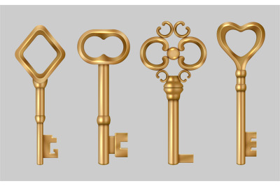 Golden vintage key. Metal medieval entrance symbols house secret key f